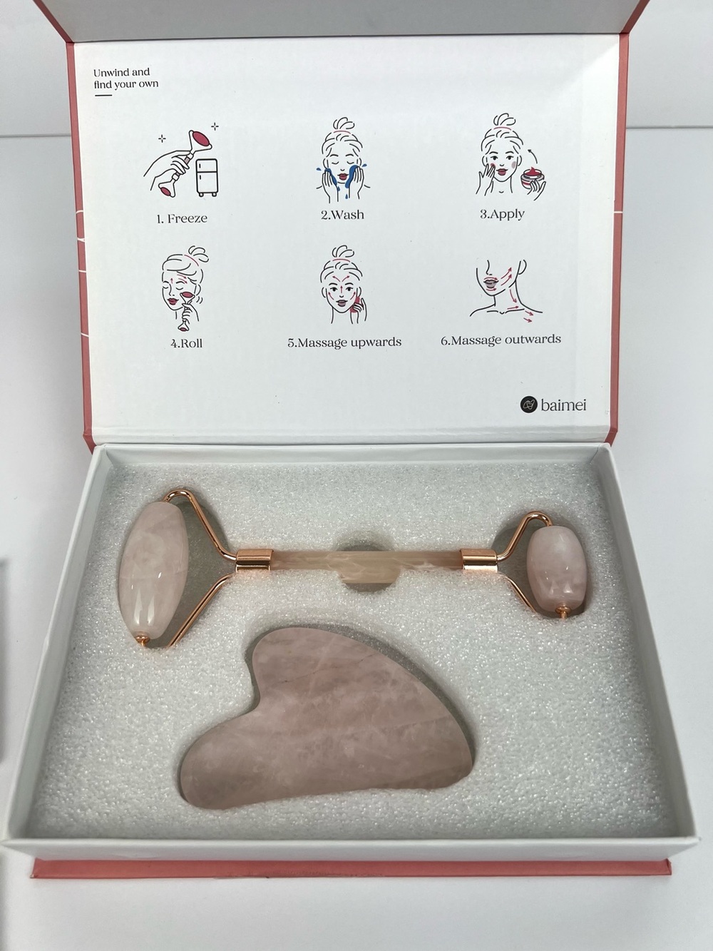 Baimei Icy Me Jade Roller and Gua Sha Set Open Box Never Used Rose Quartz